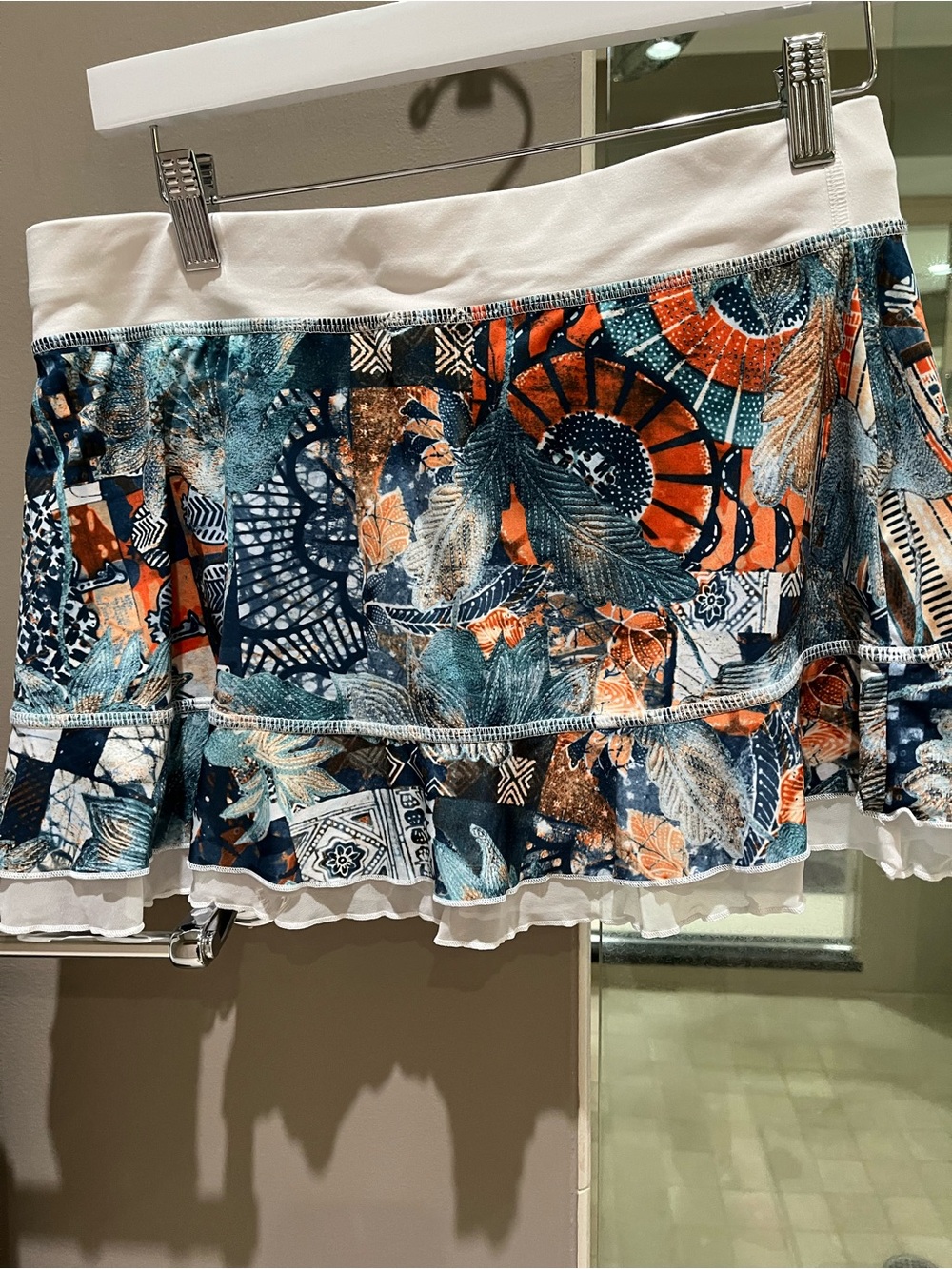 White Waist Floral Ruffle Mini Skirt with Navy, Teal and Orange Print